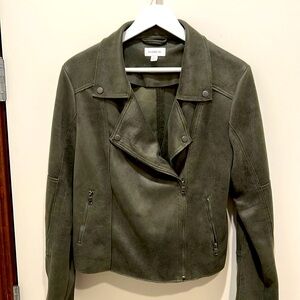 Evereve moto jacket in olive green.